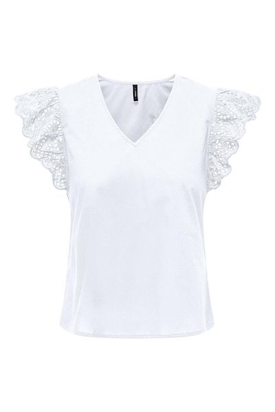 ONLY White V-necK Lace Detailed Short Sleeve Cotton Blouse - 15313171