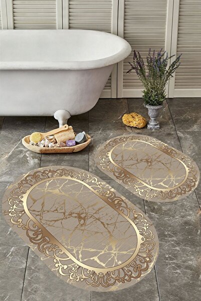 YTR HOME Αντιολισθητική βάση, πλενόμενη σκόνη, ανθεκτική σε λεκέδες, σετ 2 τεμαχίων, οβάλ χαλάκι μπάνιου