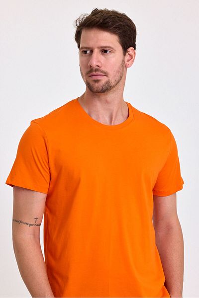 COMBİNE MİCHAİL Men's Slim Fit Crew Neck Basic T-Shirt - 100% Cotton ORANGE