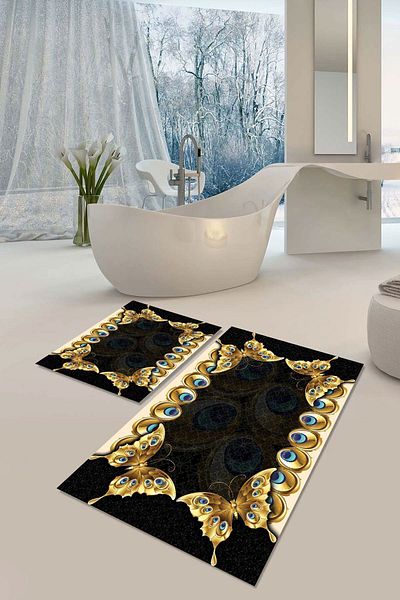 YTR HOME Non-Slip Base Washable Dust Stain Proof Set of 2 Toilet Bowl Bath Mat Set
