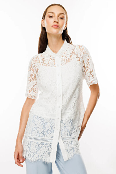 Ekol Екрю жіноча туніка - з мереживними деталями, на ґудзиках, з короткими рукавами 5100