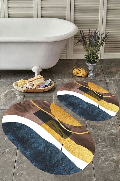 YTR HOME Αντιολισθητική βάση, πλενόμενη σκόνη, ανθεκτική σε λεκέδες, σετ 2 τεμαχίων, οβάλ χαλάκι μπάνιου