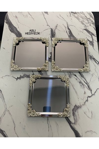 Aslı Hediyelik luxury 3-piece Silver Floral Square CoatinG Model - Tea, Coffee, Treat ServinG 21x21