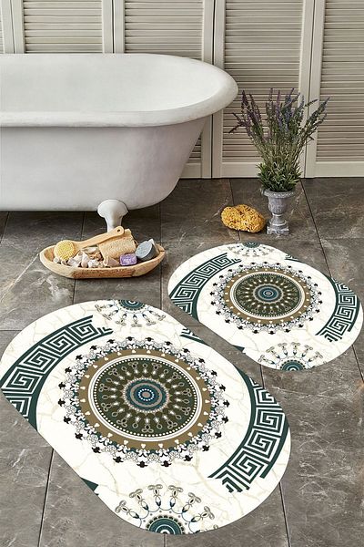 YTR HOME Αντιολισθητική βάση, πλενόμενη σκόνη, ανθεκτική σε λεκέδες, σετ 2 τεμαχίων, οβάλ χαλάκι μπάνιου