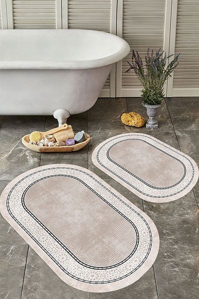 YTR HOME Αντιολισθητική βάση, πλενόμενη σκόνη, ανθεκτική σε λεκέδες, σετ 2 τεμαχίων, οβάλ χαλάκι μπάνιου