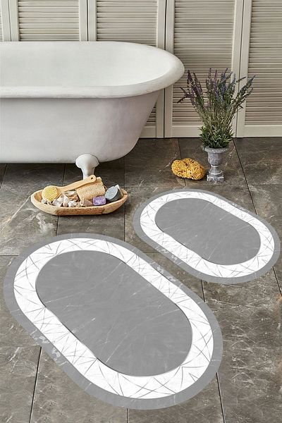 YTR HOME Αντιολισθητική βάση, πλενόμενη σκόνη, ανθεκτική σε λεκέδες, σετ 2 τεμαχίων, οβάλ χαλάκι μπάνιου