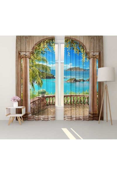 Elmas Dizayn Custom ProDuction - 3D Digital PrinteD Blue Green anD Brown LanDscape 140*240 cm, Double BlaDes, 2 BackgrounD Curtains