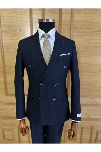 Terziayhan Exclusive Navy Blue Slimfit Double Breasted Striped Suit