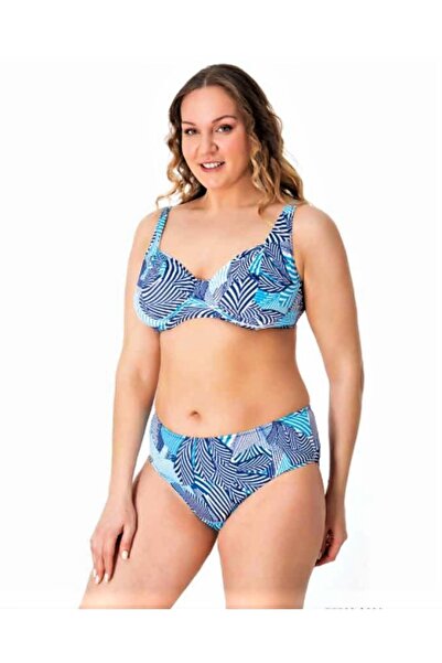 Sunsurf Büyük Beden Desenli Toparlayıcı Bikini Mavi-beyaz 50-52-54-56 Beden