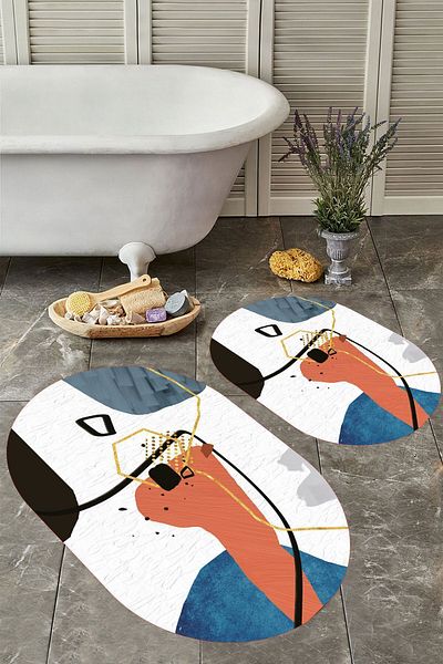 YTR HOME Αντιολισθητική βάση, πλενόμενη σκόνη, ανθεκτική σε λεκέδες, σετ 2 τεμαχίων, οβάλ χαλάκι μπάνιου