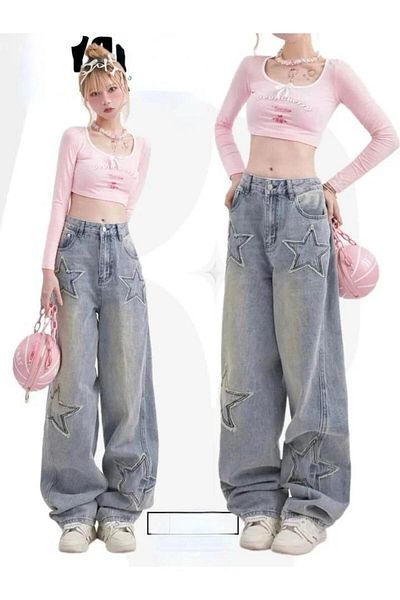 Touz Moda Y2k Stars Patch Detaliu Pantaloni albaștri spălați cu zăpadă