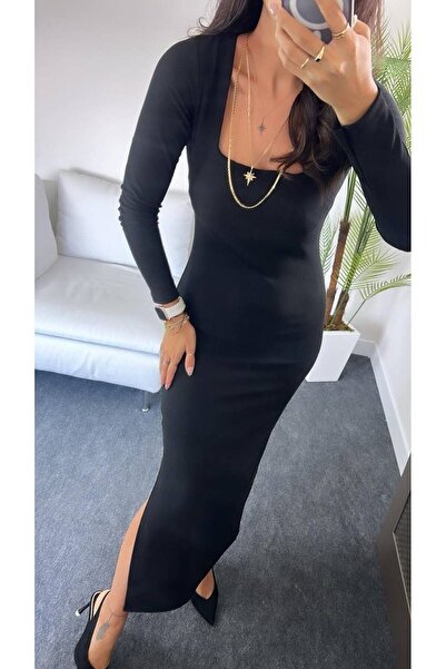 Fiori Μαύρο μακρυμάνικο φόρεμα από οθωμανικό ύφασμα τετράγωνο γιακά