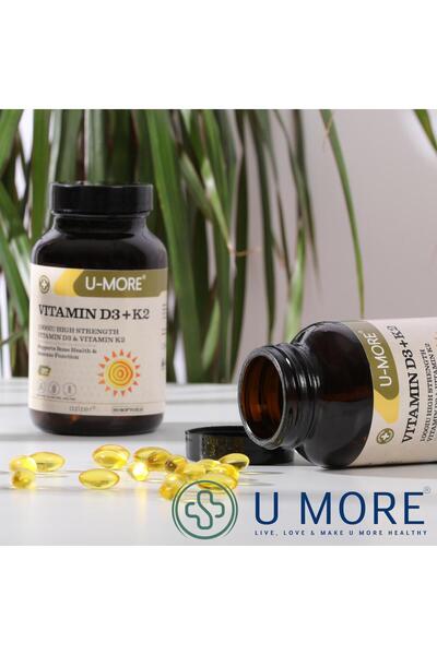 UMore Vitamin D3 (1000IU) Vitamin K2 - Şeker, Glüten, Gdo Içermez - 60 Yumuşak Kapsül