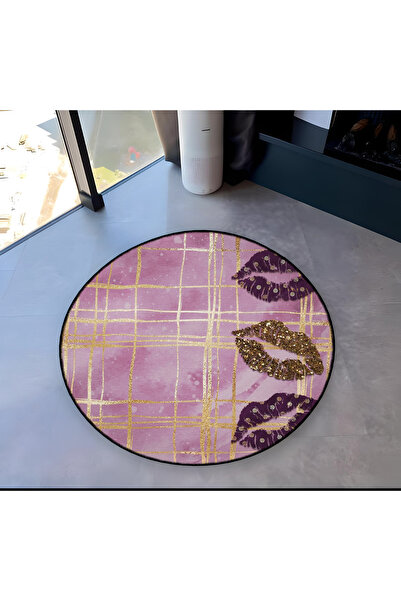 Rugs Modern Halı Mira Round Pink Plaid Gold Lip Lipstick Patterned Detailed W...