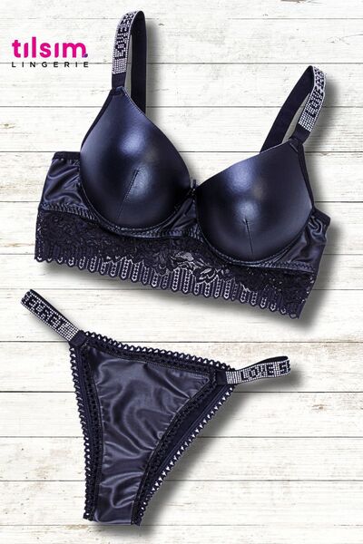 Tılsım Lingerie Siyah Deri Taş Detaylı Destekli Sütyen Takımı