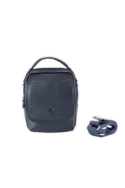 Karalı Deri Hakiki Deri El Çantası Lacivert 885-04