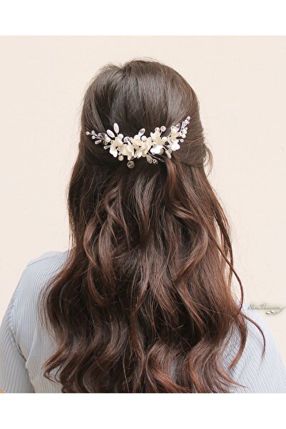 Elen Tasarım Beyaz Sedef Çiçekli Gümüş Gelin Tacı