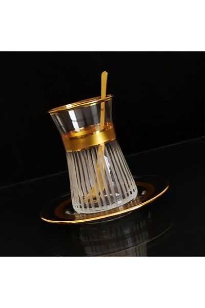 Paşabahçe Tea Cup 6 Pieces, Gold Gilded Gold Embroidered Gift Dowry
