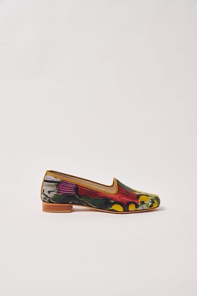 Nomads Felt Henri Matisse Purple and Dress Patterned 100% Silk Genuine Leather Ballerinas