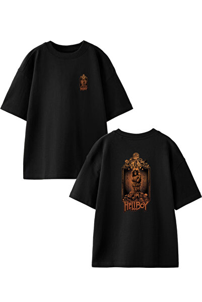 NMG TEKSTİL Unisex Μαύρο Oversize Βαμβακερό Hell Boy Μπροστινό Πλεκτό Μπλουζά...