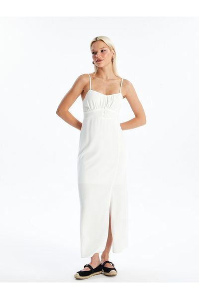 LC Waikiki Damenkleid aus Leinenmischung mit herzförmigem Kragen und Trägern