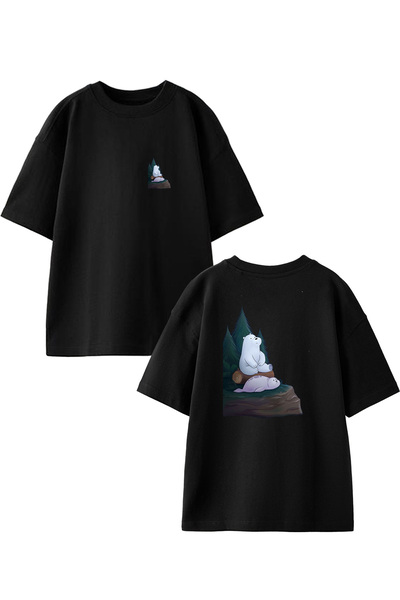 NMG TEKSTİL Unisex Siyah Oversize Pamuk Fok Balığı Kutup Ayısı Ön Arka Baskıl...