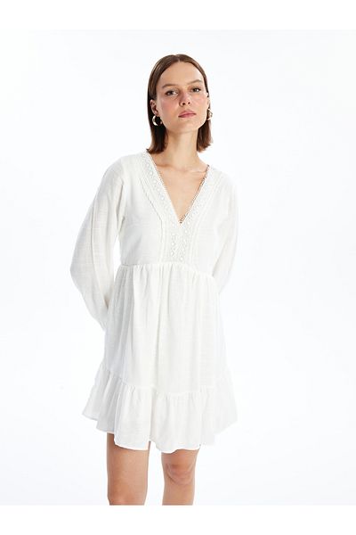 LC Waikiki Langärmliges Damenkleid mit V-Ausschnitt und Spitze