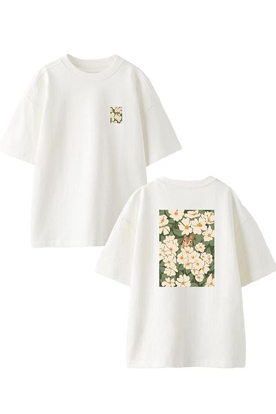 NMG TEKSTİL Λευκό Oversize Βαμβακερό T-shirt - Squirrel Between Flowers, εμπρός και πίσω με στάμπα