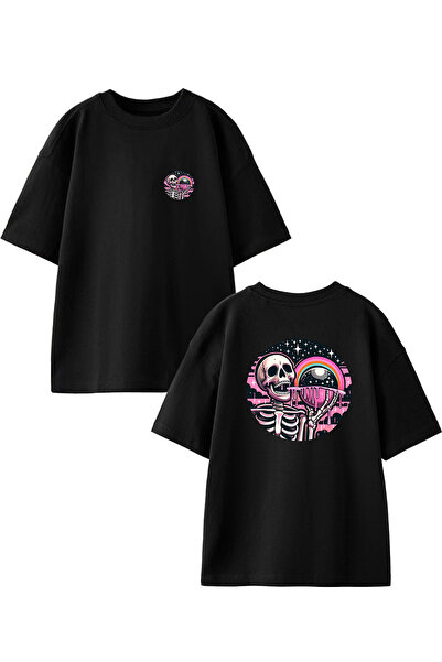 NMG TEKSTİL تي شيرت أسود كبير الحجم من القطن - جمجمة وردية مطبوع عليها جسم غامض