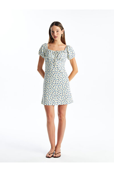 LC Waikiki Floral Print Γυναικείο Φόρεμα με τετράγωνο λαιμό - κοντομάνικο