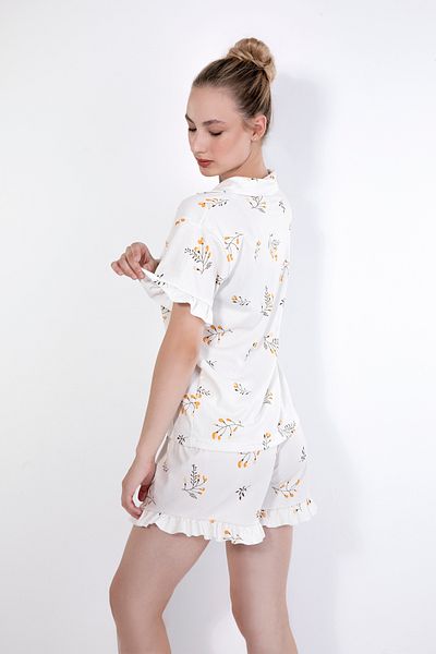 IŞILAY PİJAMA marine Sand - Yellow Floral Patterned Pajama Set with Shirt Collar Shorts