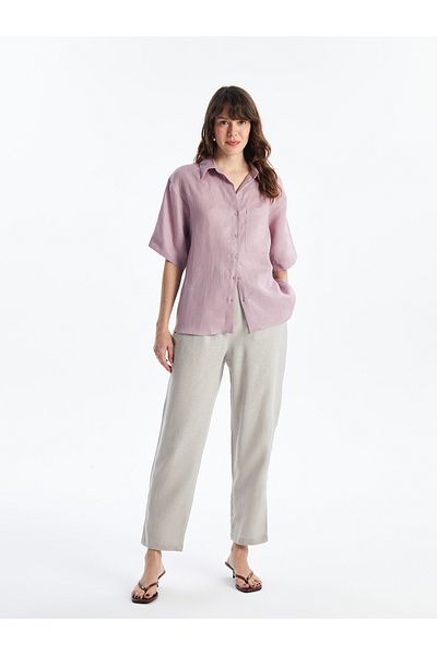 LC Waikiki Leinen Oversize Damen Hemd - Uni Kurzarm