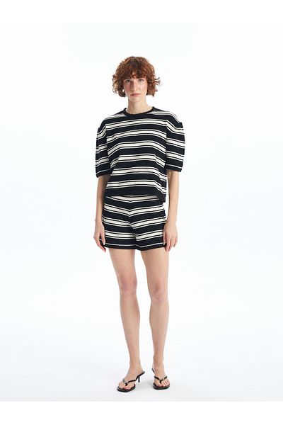 LC Waikiki Women's Striped Crew Neck Swimming Suit - Short Sleeve T-Shirt and Shorts