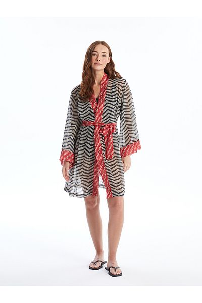 LC Waikiki Kimono de damă cu mânecă lungă, guler șal cu model