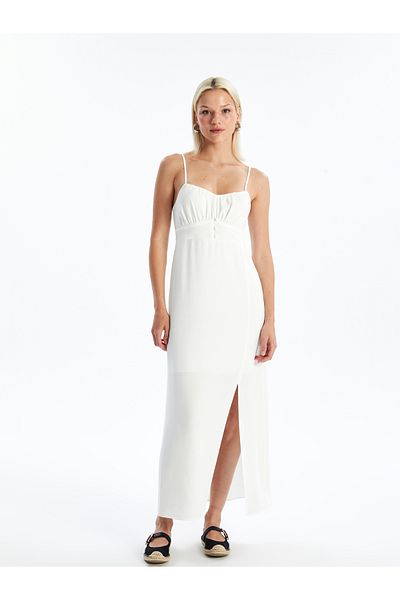 LC Waikiki Damenkleid aus Leinenmischung mit herzförmigem Kragen und Trägern