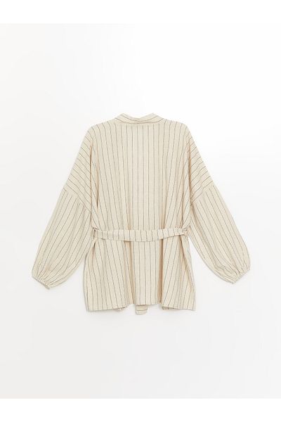 LC Waikiki Langärmliger, gestreifter Oversize-Leinenkimono für Damen mit Schalkragen