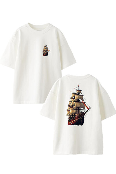 NMG TEKSTİL Tricou alb supradimensionat din bumbac - Imprimat cu barca cu pân...