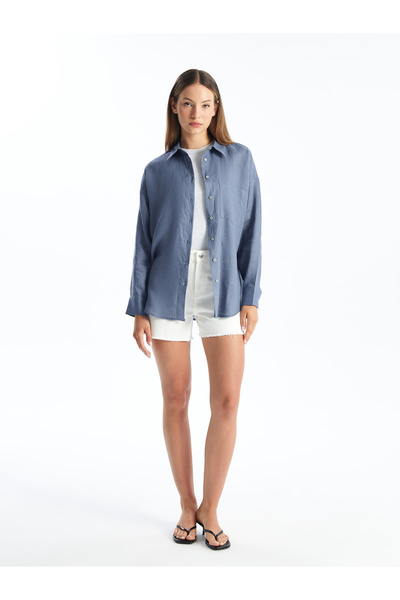 LC Waikiki Düz Uzun Kollu Oversize Keten Kadın Gömlek