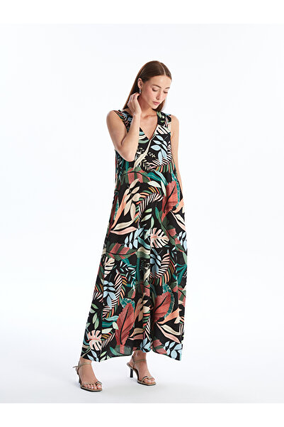 LC Waikiki Gemustertes Damenkleid mit V-Ausschnitt und Trägern