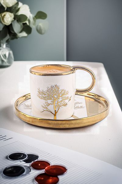 Vadi Purple 6-Person Tree of Life Pattern - Gold Gilded Porcelain Coffee Cup Set White