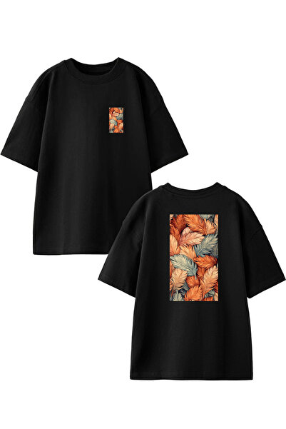 NMG TEKSTİL تي شيرت قطني أسود كبير الحجم مطبوع عليه ريش الطيور