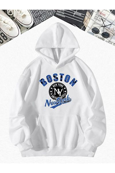 BENROMA Бял суитшърт с качулка и щампа Boston