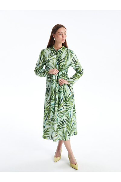 LC Waikiki Dámské košilové šaty s květinovým potiskem s dlouhým rukávem