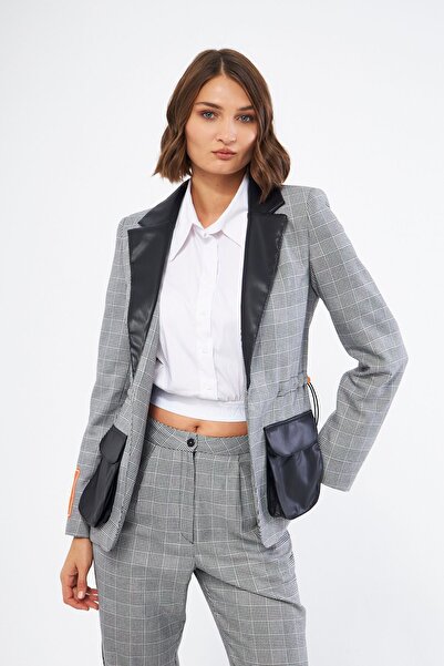 LAMANTE DERİ DETAYLI EKOSE BLAZER CEKET