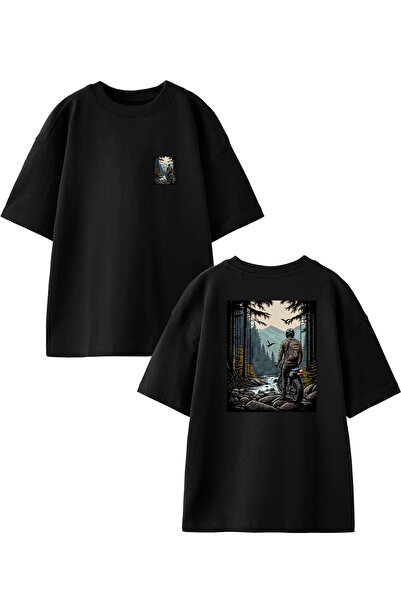 NMG TEKSTİL تي شيرت أسود كبير الحجم من القطن - موتوكروس ماونتن واي مطبوع للجنسين