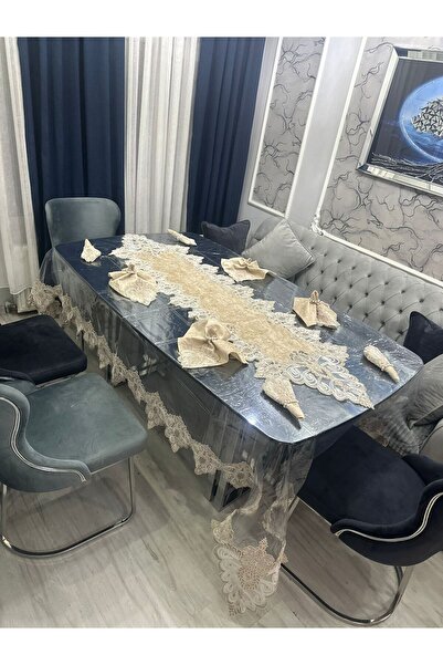 Evabeauty Runner'lı - Peçeteli Masa Örtüsü Şeffaf Lüks Fransız Dantelli