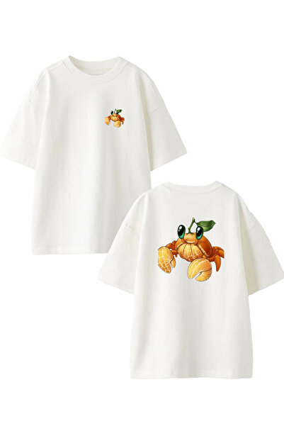 NMG TEKSTİL تي شيرت أبيض كبير الحجم مطبوع عليه سرطان البحر واليوسفي للجنسين