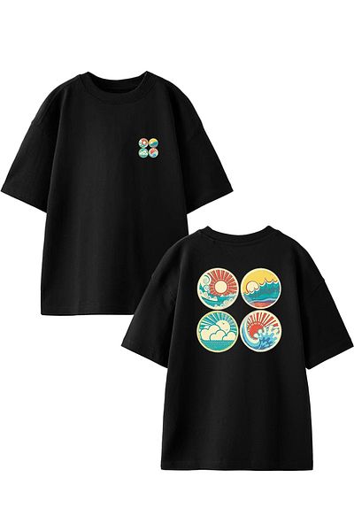 NMG TEKSTİL Μαύρο Oversize Βαμβακερό T-shirt - Four Pictures Landscape, Μπροστινό και Πίσω Τυπωμένο