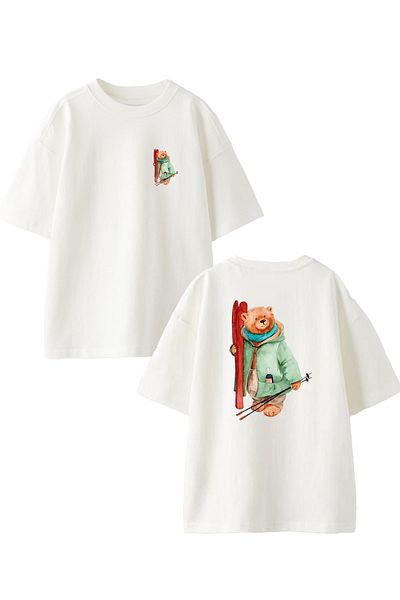 NMG TEKSTİL Λευκό Oversize Βαμβακερό T-shirt - Skiing Bear Printed, Unisex