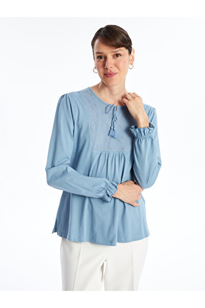 LC Waikiki Dámská halenka s dlouhým rukávem a zavazovacím límcem s detailem výšivky